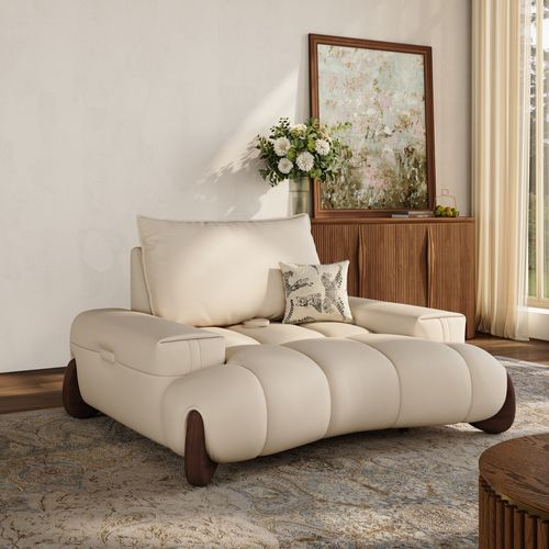 63 Inch Beige Leather Armchair with Spill-Proof & Scratch-Resistant Adjustable Cushions