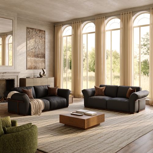 2+2 Seater Black Genuine Leather Sofa Set with Solid Wood Frame & Comfortable Seating