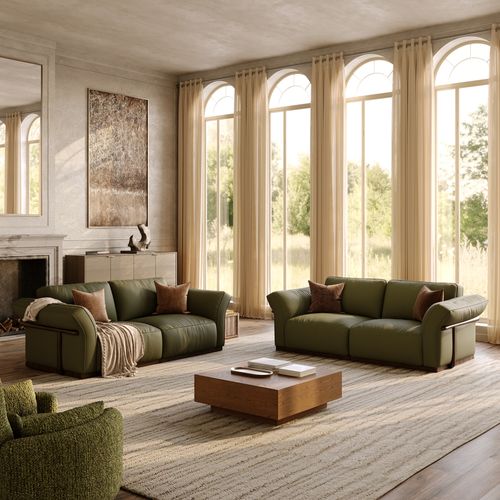 2+2 Seater Green Genuine Leather Sofa Set with Solid Wood Frame & Comfortable Seating