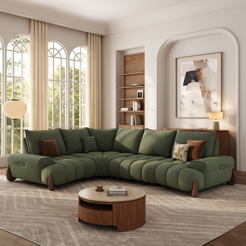 Mid Century Green L-shaped Sofa with Adjustable Cushions and Pet-Friendly Fabric