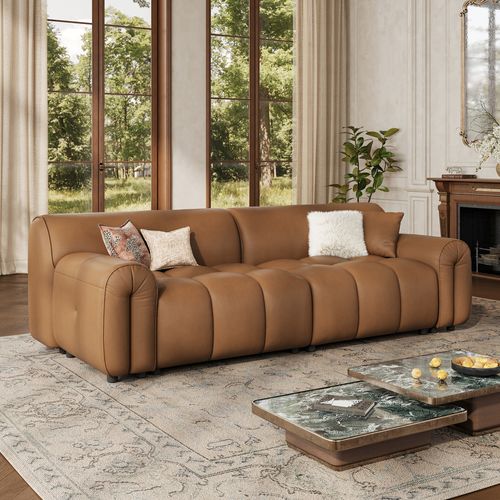 Caramel Top Grain Genuine Leather Tufted Sofa Mid Century with Solid Wood Frame