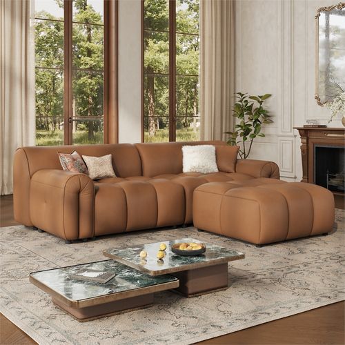 Caramel Top Grain Genuine Leather Tufted Sofa with Solid Wood Frame with Ottoman