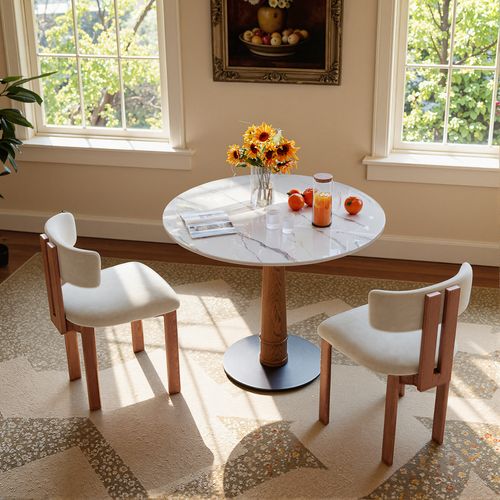 35.4" Round White Glossy Sintered Stone Bistro Table – Small Space Bistro Table With Walnut Ash Wood Base & Stainless Steel Legs
