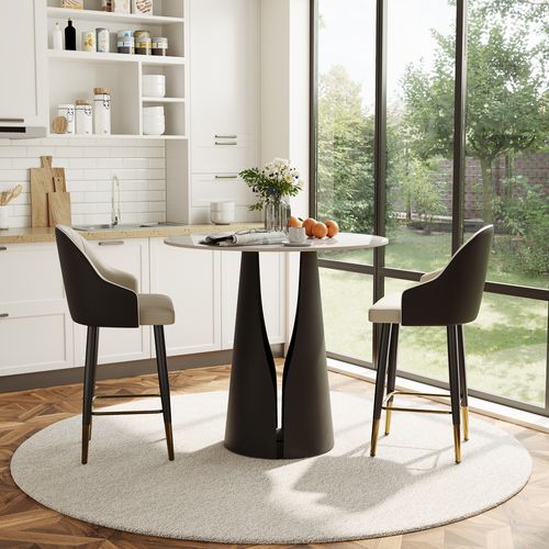 3-Piece Modern Counter Table Set for 2 – 35" White Glossy Bistro Table with Black Base