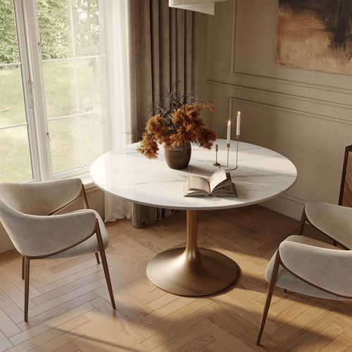 47" Glossy Sintered Stone Dining Table Set for 4: Secure Tulip Pedestal Series
