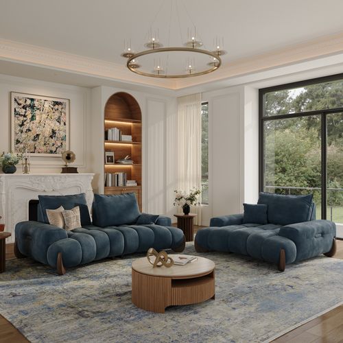 2-2 Seater Mid Century Navy Blue Cloud Sofa Set with Adjustable Cushions