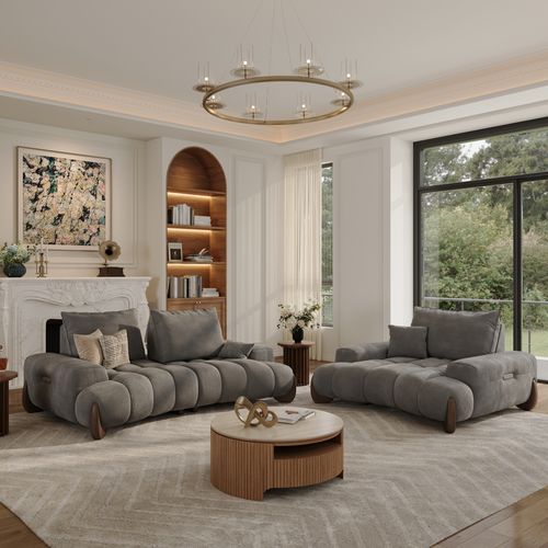 2-2 Seater Mid Century Gray Cloud Sofa Set with Adjustable Cushions