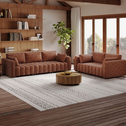 2-3 Seater Retro Hand-Tufted Brown Chenille Sofa Set