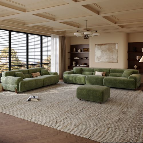 2-3 Seater Modern Green Chenille Sofa with Ottoman