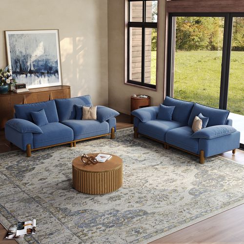 2+2 Seater Mid Century Navy Blue Chenille Sofa Set with Solid Wood Frame & Pillow Arms