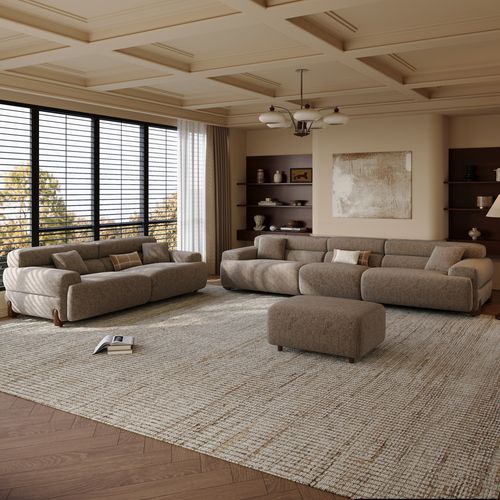 2+3 Seater Modern Dark Khaki Chenille Sofa Set with Ottoman