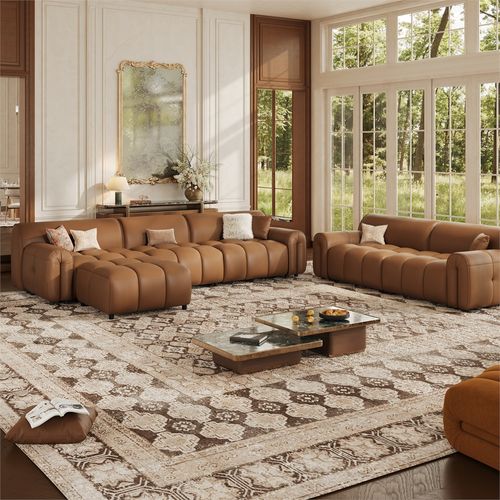 2+3 Seater Caramel Top Grain Leather Tufted Sofa with Ottoman