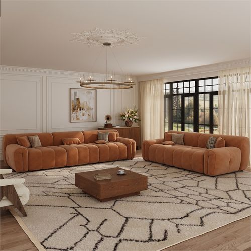2+3 Seater Set Mid Century Brown Tufted Couch Retro Fluffy Sofa