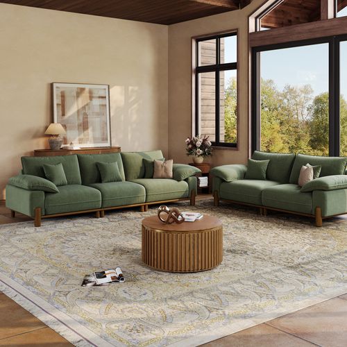 Mid-Century Sofa-Set in Grün – 5-Sitzer (312 cm) & 3-Sitzer (226 cm) mit Massivholzrahmen