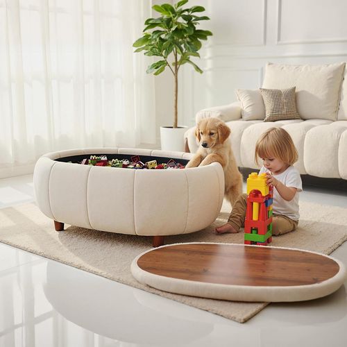 Mid Century Storage Ottoman Coffee Table in Beige Pet-friendly Fabric