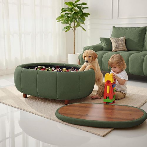 Mid Century Storage Ottoman Coffee Table in Gray Pet-friendly Fabric