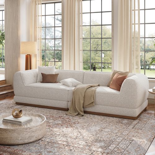 110 inch  Wide Chenille Sofa with Solid Wood Base in Light Khaki and Beige