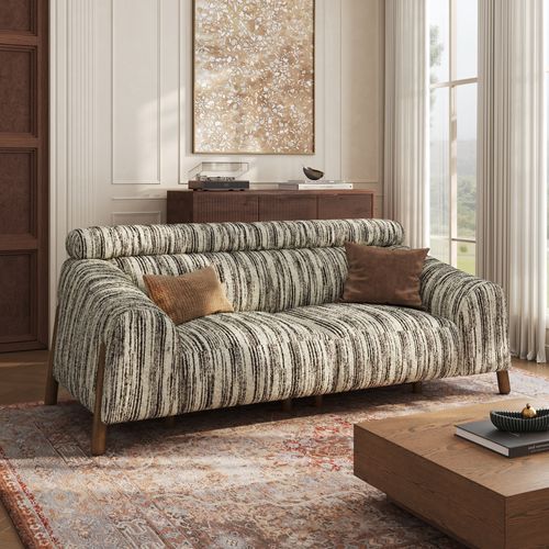 74'' Mid-Century Modern Striped Fabric Black Sofa with High Back Support
