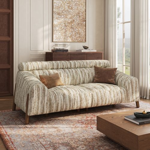 74'' Mid-Century Modern Striped Fabric Brown Sofa with High Back Support