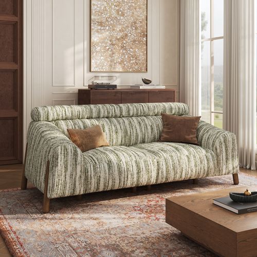 74'' Mid-Century Modern Striped Fabric Green Sofa with High Back Support