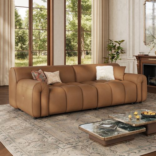 Caramel Top Grain Genuine Leather Tufted Sofa Mid Century with Solid Wood Frame