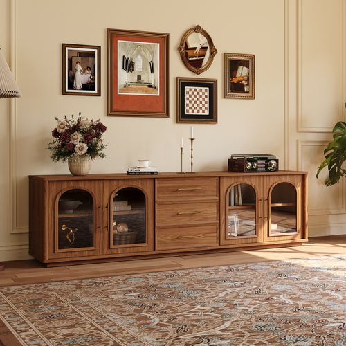 240cm Walnut Storage TV Stand with Glass Doors