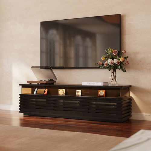 Mid-Century TV-Schrank 180cm mit horizontalem Lamellendekor & LED-Leist