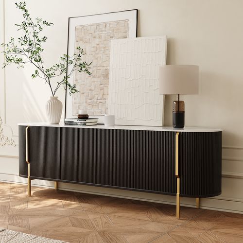 180 Modern Black Fluted TV Stand with Stone Top