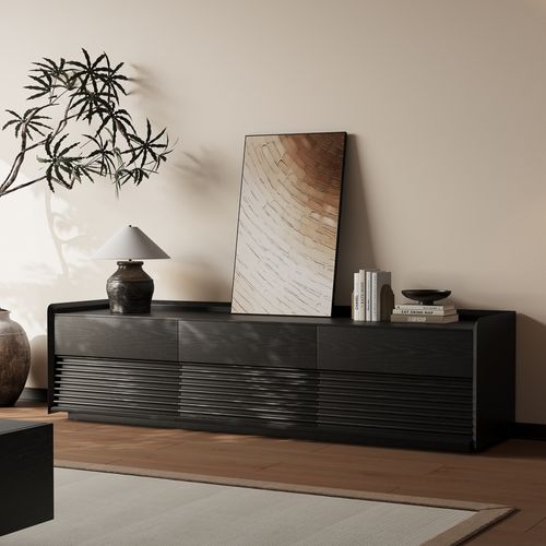 Mid-Century TV-Lowboard 180 cm in Schwarz mit dimmbarer LED-Beleuchtung | modernes Entertainment-Center