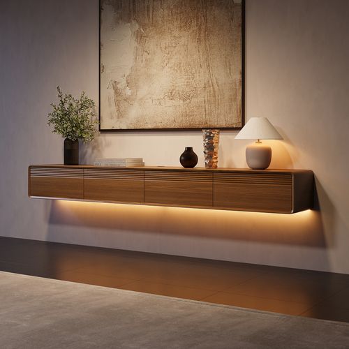 Mid-Century schwebender TV-Schrank 240 cm in Walnuss-Optik mit dimmbarer LED-Beleuchtung & Stauraum - für 85 Zoll Fernseher