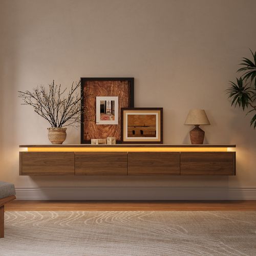 Moderner schwebender TV-Schrank 240 cm mit Sinterstein-Platte & dimmbarer LED-Beleuchtung - wandmontierte Medienkonsole für Wohnzimmer