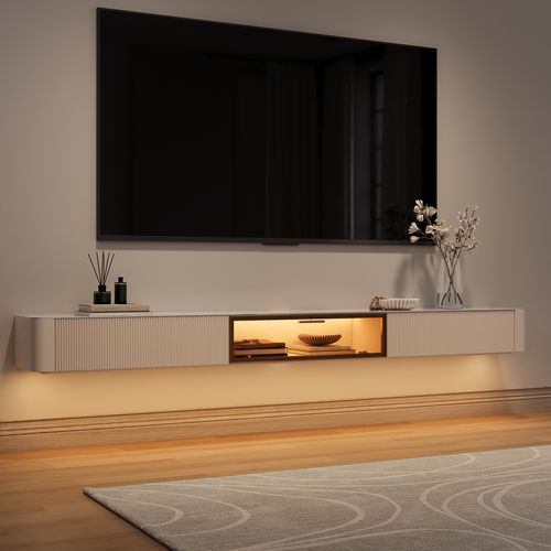 Moderner schwebender TV-Schrank 240 cm in Beige mit glänzender Sinterstein-Platte