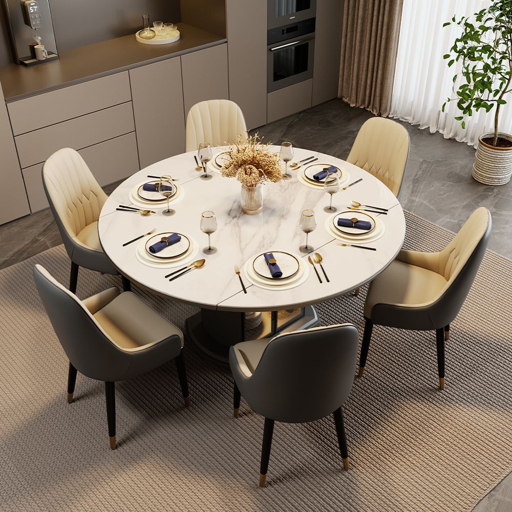 Pedestal White A & Gray Glossy Sintered Stone Extendable Dining Tables