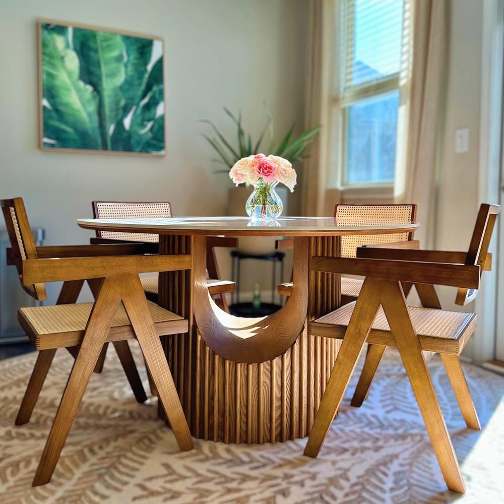 Solid Wood Light Walnut & Khaki Rattan Dining Chairs