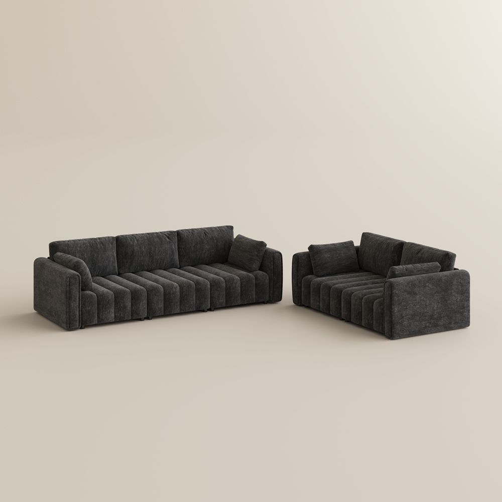 5-6 Seater Black Chenille Sofa Set