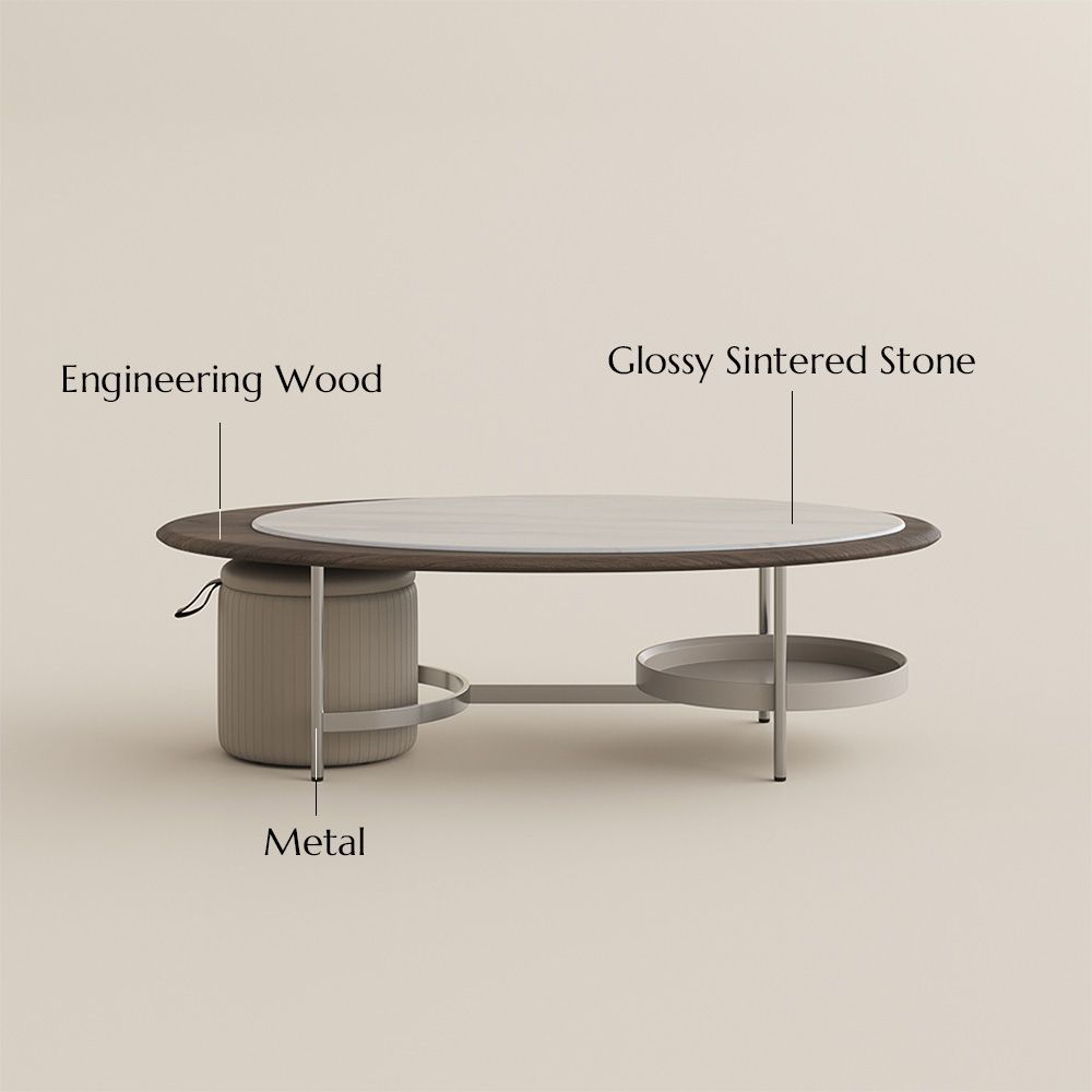 Modern Luxury Walnut & Gray Glossy Stone Coffee Tables