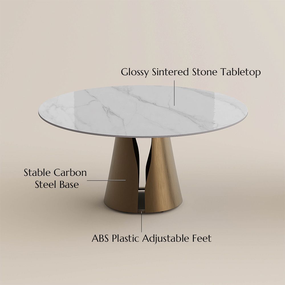 Round White & Bronze Glossy Sintered Stone Dining Tables
