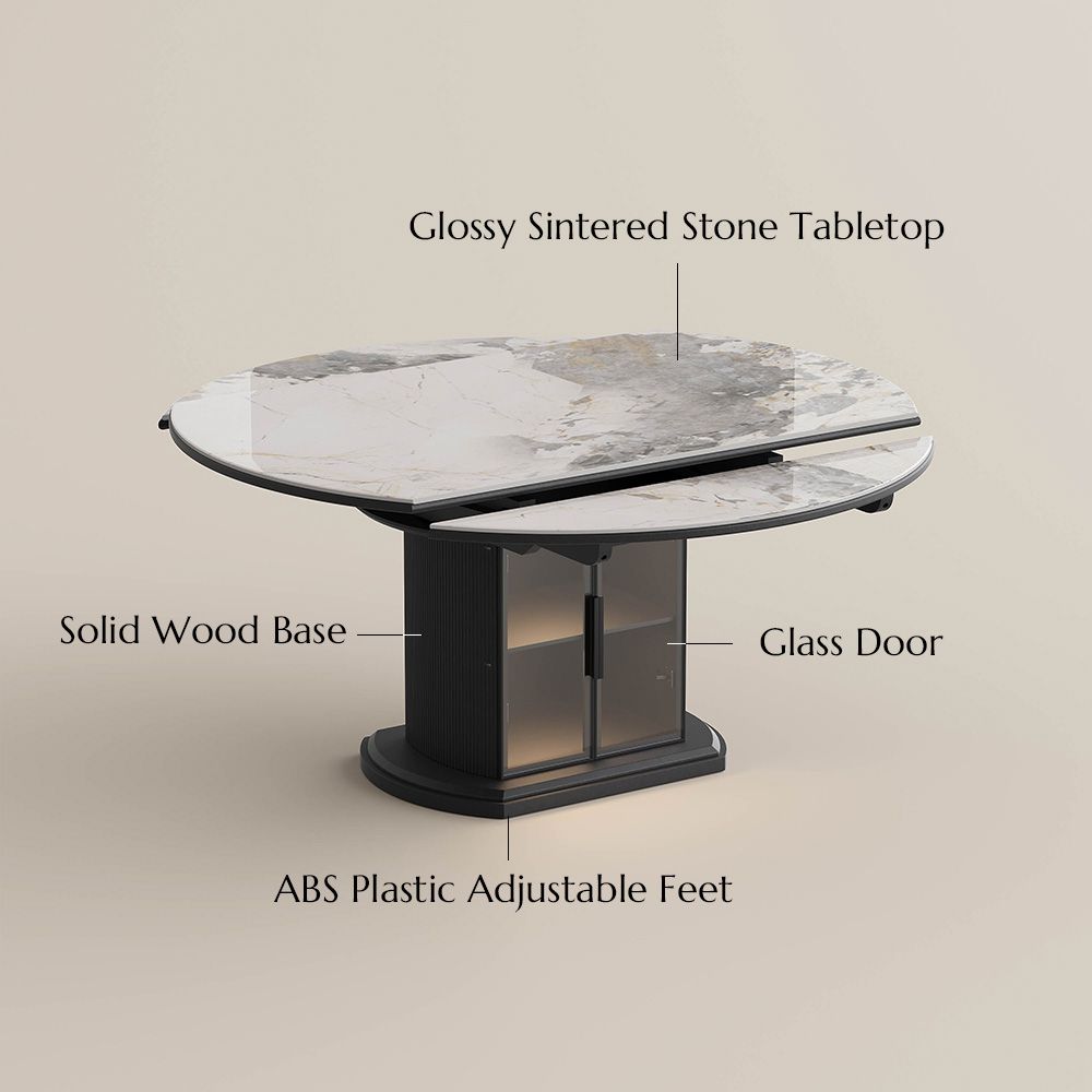 Round White B & Gray Glossy Sintered Stone Extendable Dining Tables