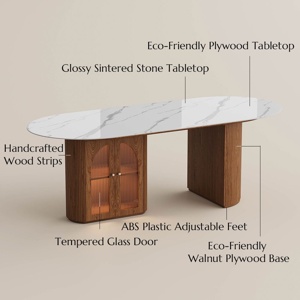 Partly Assemble White & Walnut Glossy Sintered Stone Dining Tables