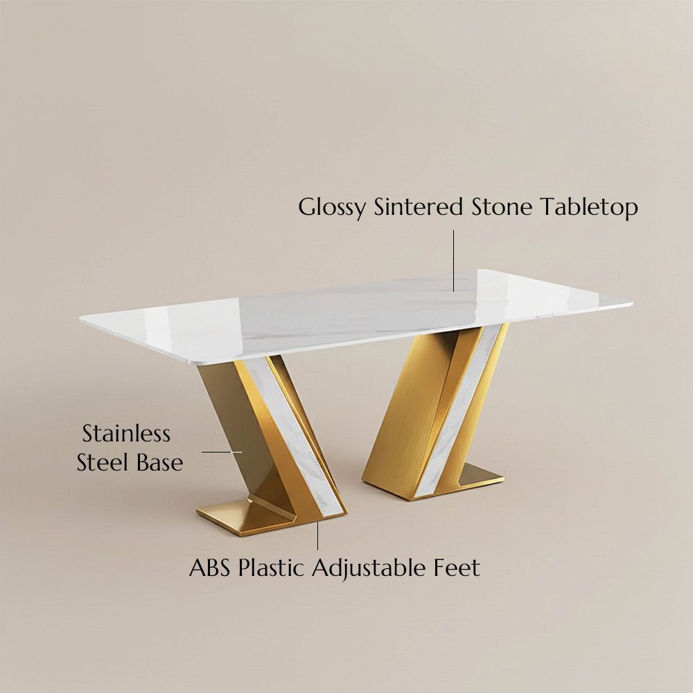 Seats 6 White & Gold Glossy Sintered Stone Dining Tables