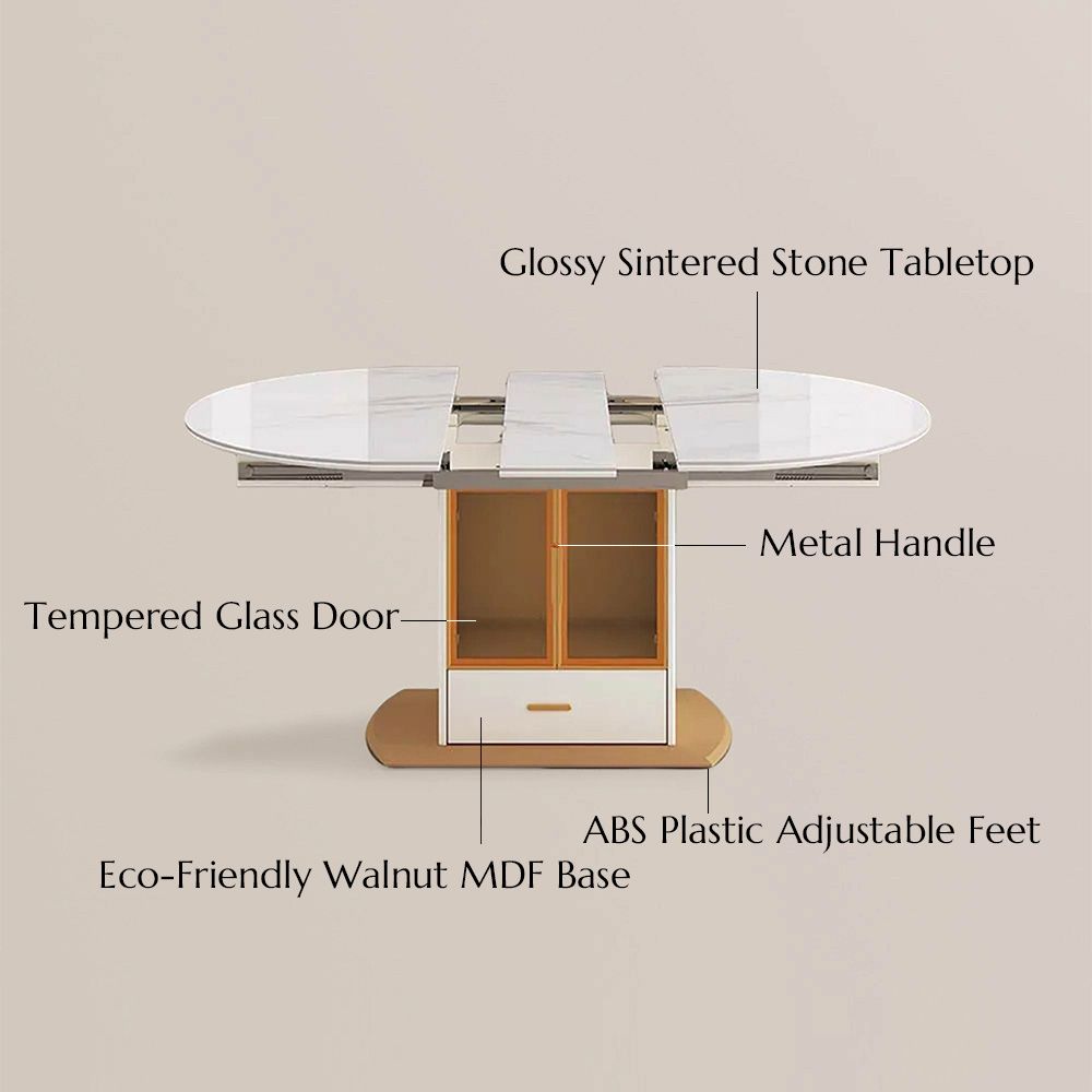 Extendable White & Gold Glossy Sintered Stone Dining Tables