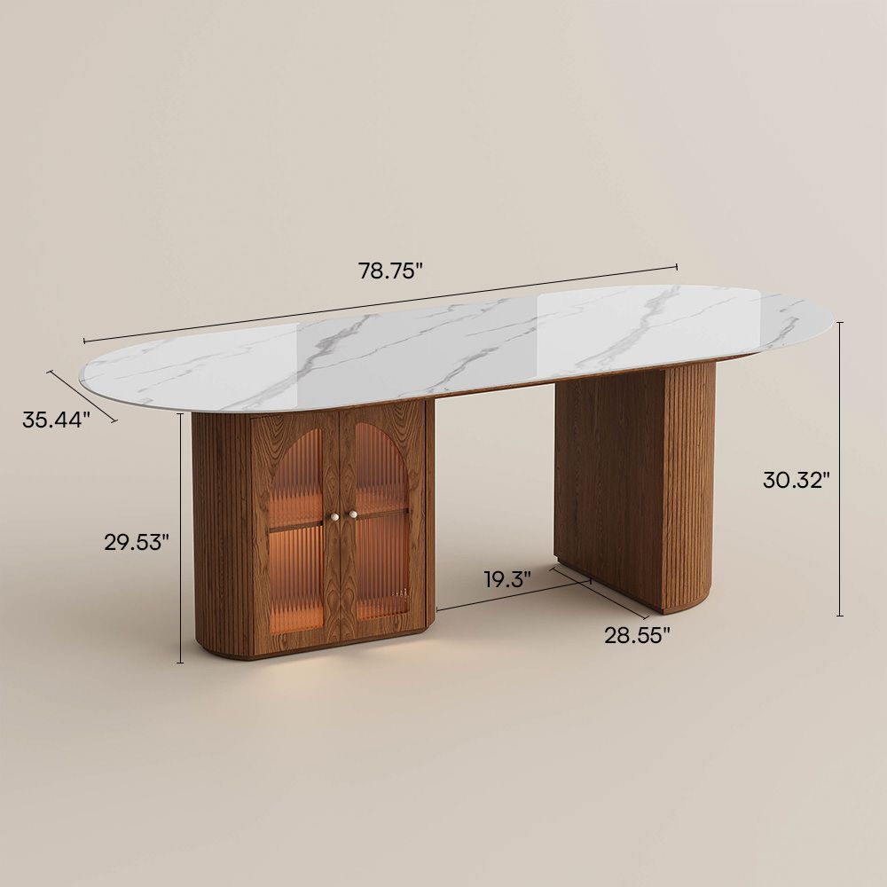 with Storage White & Walnut Glossy Sintered Stone Dining Tables