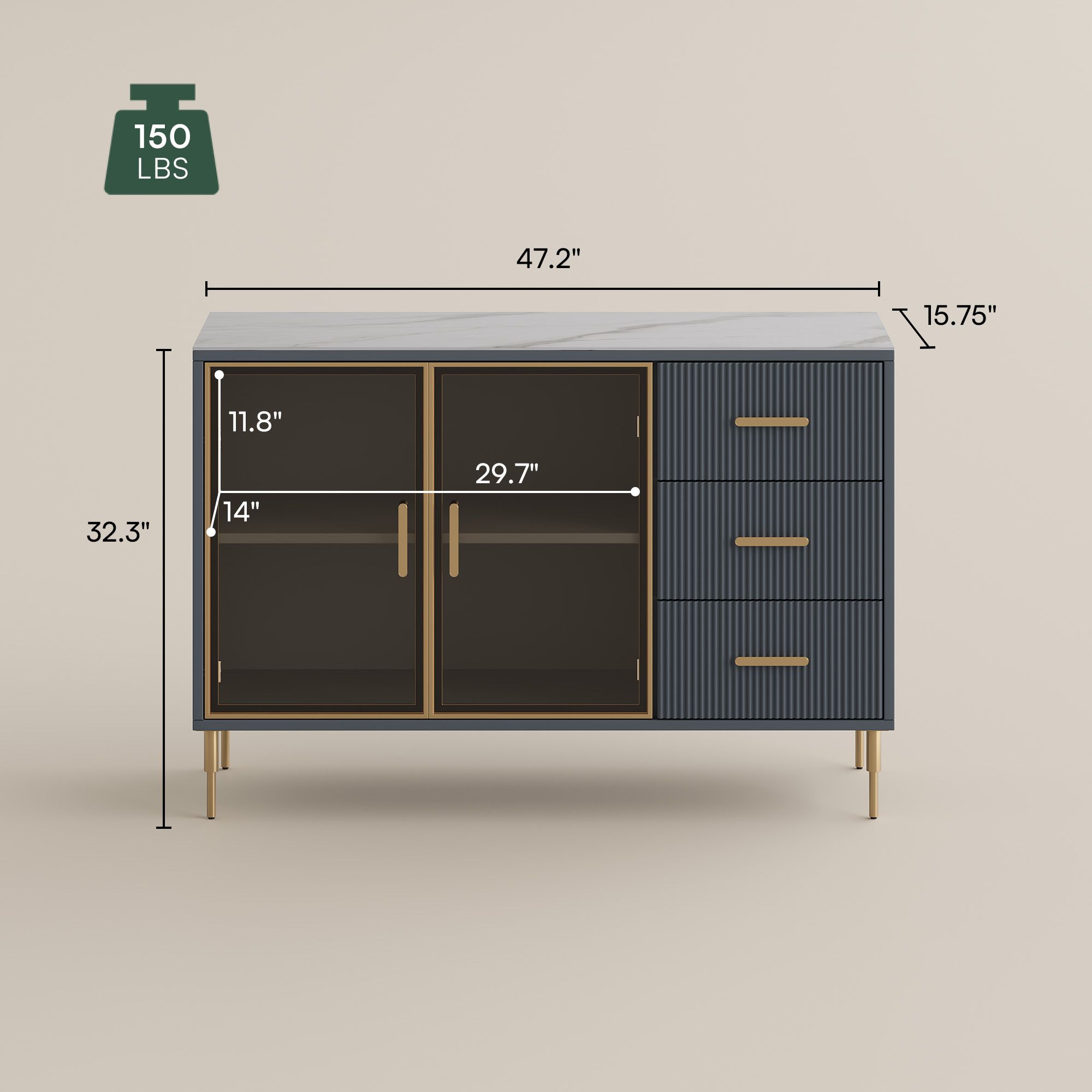 Wood White & Gray Blue Matte Sintered Stone Sideboards & Buffets