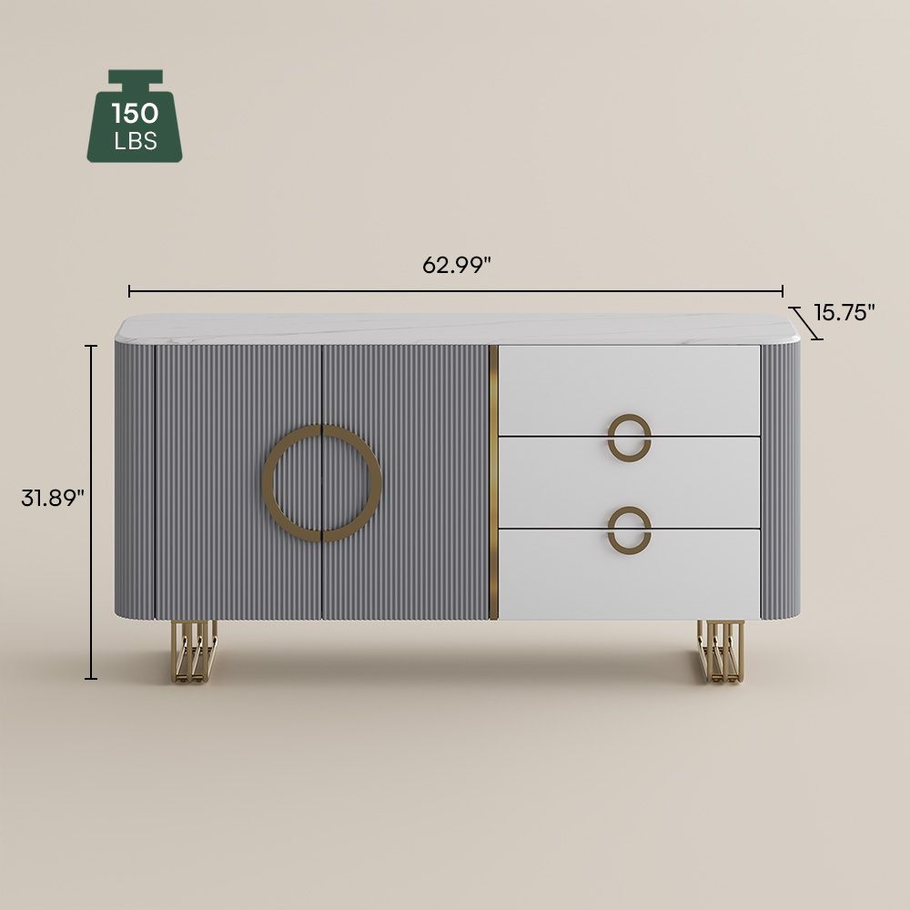 Metal Leg White & Gray Glossy Sintered Stone Sideboards & Buffets