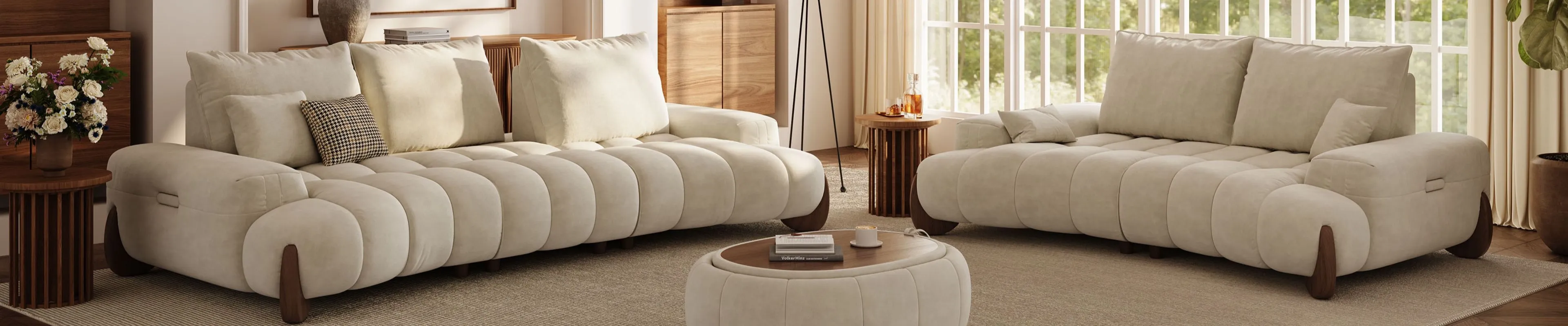 Povison's pet-friendly fabric mid century modern sofa with storage ottoman