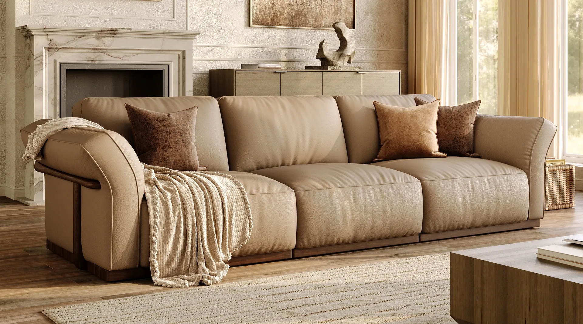 An extra deep seated leather sofa for large living room layout