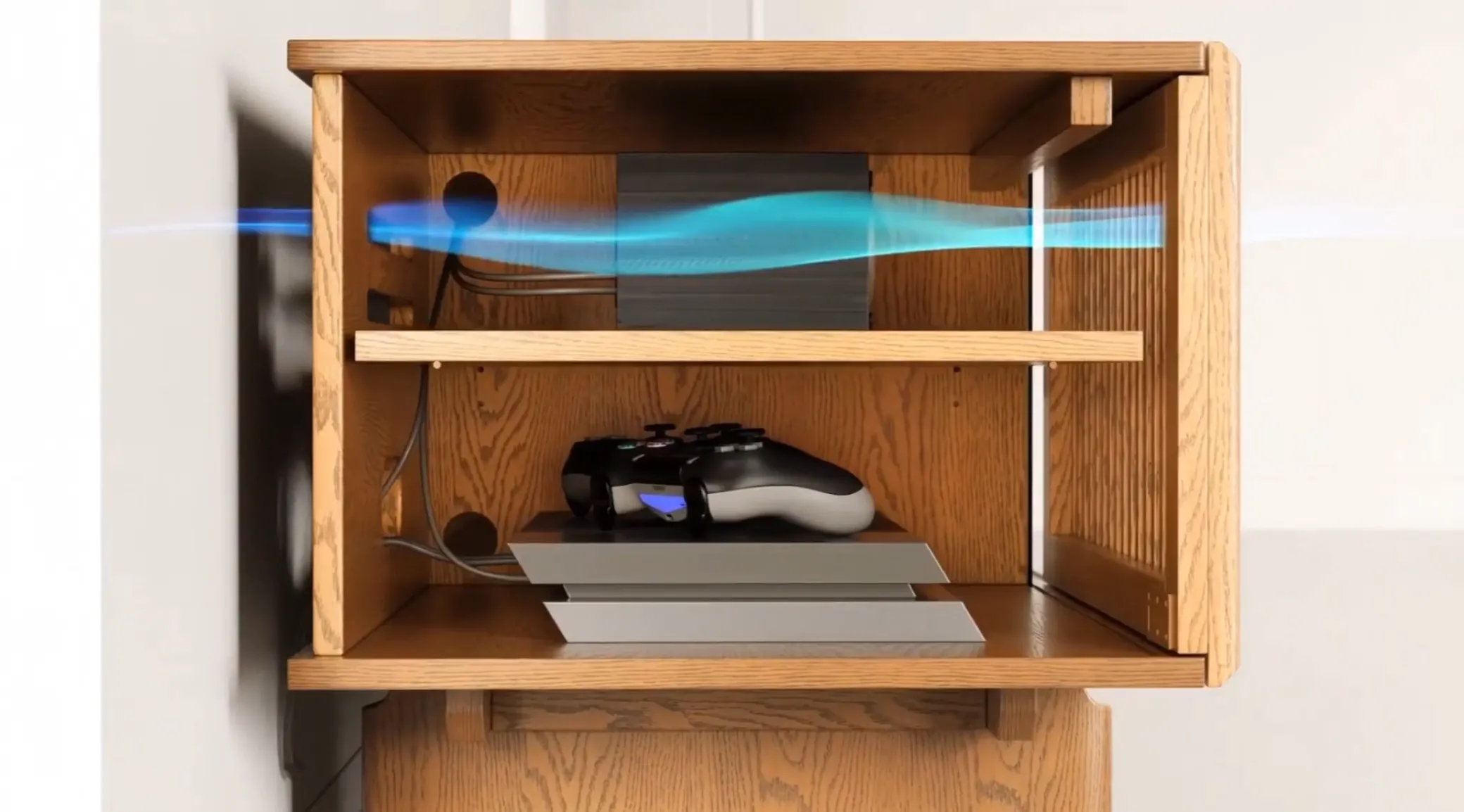 media console maked cable management easy and ventilation details help heat escape