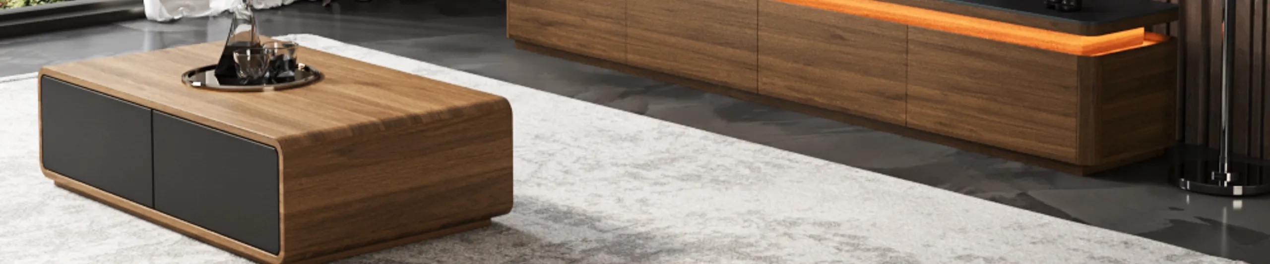 wood rectangular coffee table in a modern living room