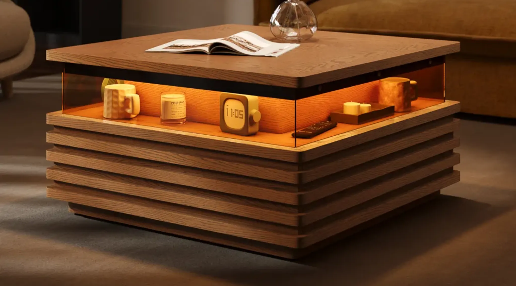 walnut wooden coffee table with slatted design