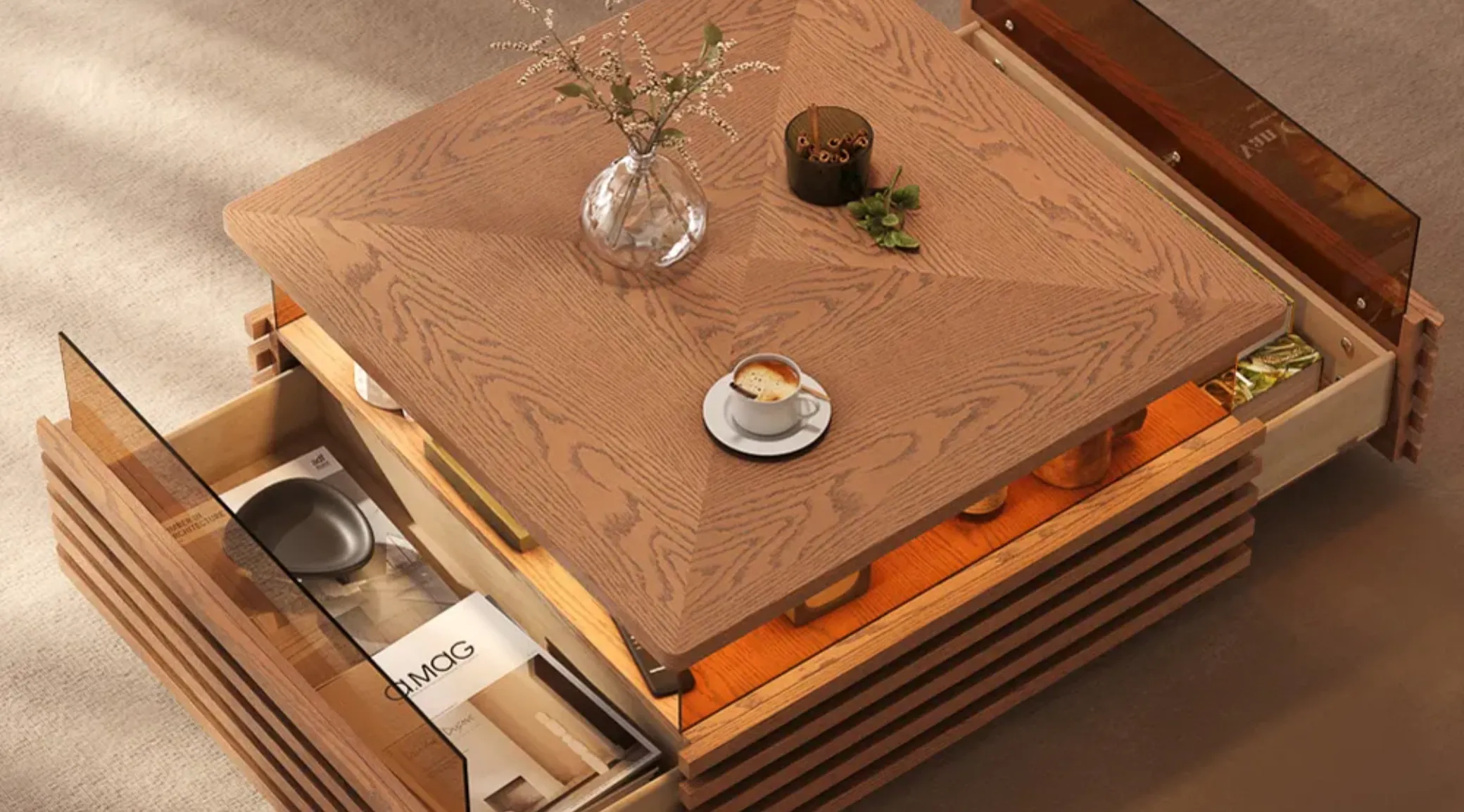 hidden storage for a clean coffee tabletop